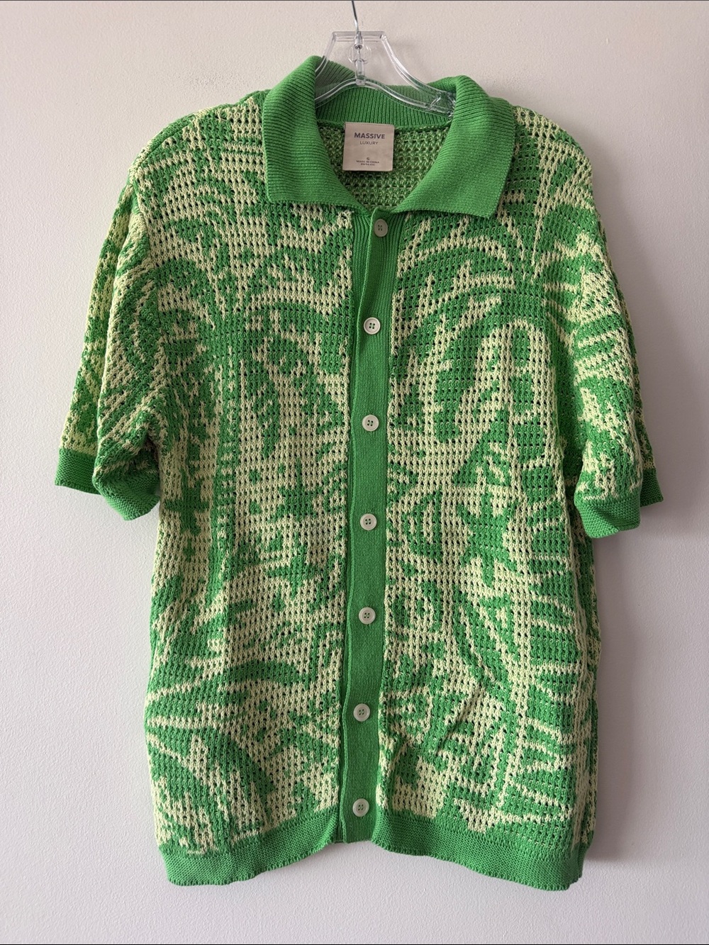 Massive Luxury Crochet Knit Polo Shirt Green Open Weave Cabanacore Resort Top S
